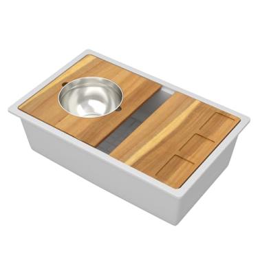 Imagem de Talllor Pia de cozinha composta de granito 28 - 71 cm x 48 cm branco embaixo da pia da cozinha de granito para pia de cozinha, tigela única, tigela única, quartzo branco embaixo do balcão, pias