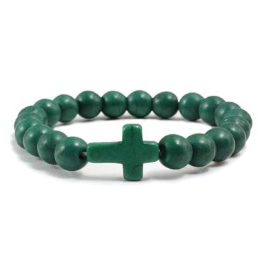 Imagem de FORUBUS Pulseira com contas de pedra vulcânica, pingente de cruz, contas de pedra vulcânica natural, pulseira elástica turquesa para mulheres e homens, joias religiosas, presente de batismo, Medium