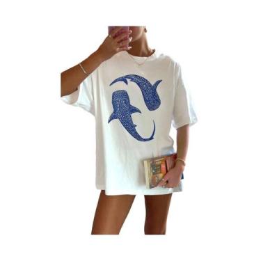 Imagem de Camiseta Feminina Oversized De Algodão Com Estampa De Tubarão-baleia A