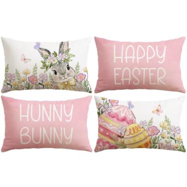 Imagem de Artscope Capas de almofada Happy Easter Rabbit Eggs 30,5 x 50,8 cm, conjunto de 4 fronhas, decoração de coelhinho hunny para sofá de casa