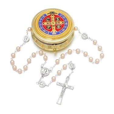 Imagem de KOMI Rosário de pérola de vidro de 6 mm católico para mulheres com caixa de rosário de metal Colar de São Bento Rosário Católicos Presentes Religiosos Rosa