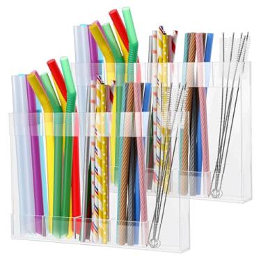 Imagem de Suporte de canudo de acrílico grande para porta de armário com fita adesiva dupla face ultra adesiva, organizador de canudos reutilizáveis, dispensador de armazenamento transparente para armário de