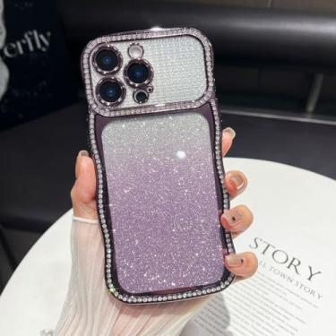 Imagem de ZTOFERA Capa de diamante brilhante para iPhone 15 Pro Max, moldura ondulada encaracolada com cartão de padrão gradiente, TPU macio fino e capa protetora completa para câmera, design bonito e