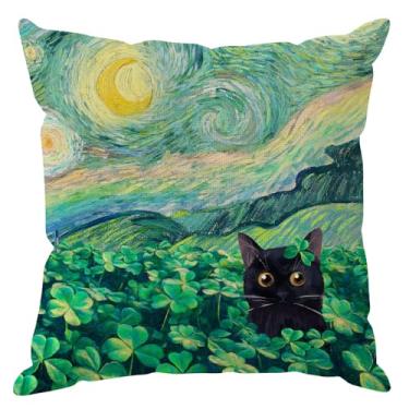 Imagem de ZAEW Trevos Gato Van Gogh Pintura a Óleo Noite Estrelada Dia de São Patrício Fronhas Decorações para Casa de Fazenda Sofá Sofá Capa de Almofada Decoração de Férias 50 x 50 cm