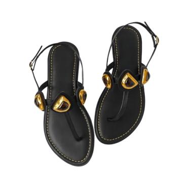 Imagem de Sandália Feminina Rasteira Confortável Detalhe Pedras Douradas Design Moderno RD (PRETO, BR, Adulto, Numérico, 40)