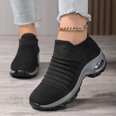 Imagem de Mocassim feminino de malha, sem cadarço, com almofada de ar, antiderrapante, para caminhada, plataforma, tênis de caminhada, 2089 preto e cinza, 33