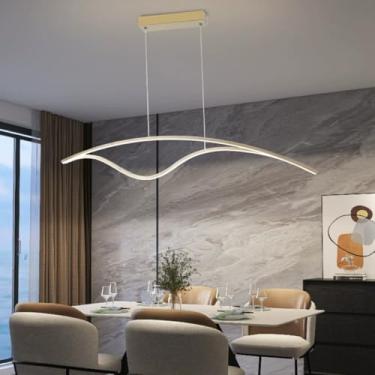 Imagem de Luminária pendente LED regulável com controle remoto, design moderno e minimalista para mesa de jantar, sala de estar e sala de jantar, iluminação de teto, modelo BD445 (dourada, 96 cm de co
