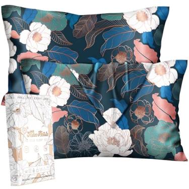 Imagem de Miss Adola Fronhas de seda pacote com 2 - tamanho padrão 50 x 66 cm fronha de seda amoreira para cabelo e pele macia fofa estética cama fronha de dormir com zíper para mulheres, azul verde floral