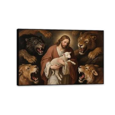 Imagem de Jesus Leão e Cordeiro Tela Arte de Parede Leão Pinturas Religiosas Decoração de Parede para Sala de Estar Imagem de Jesus e Cordeiro para Decoração de Casa de Igreja 90 x 60 cm (36 x 24 polegadas
