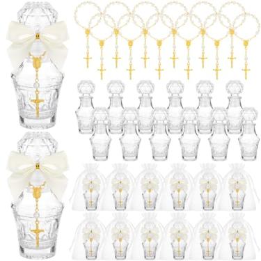 Imagem de Chuangdi 12 conjuntos de garrafas de água benta lembrancinhas de batismo para convidados, garrafa sagrada católica com rosário cruzado, recipiente de água de vidro vazio de 50 ml para comunhão, igreja