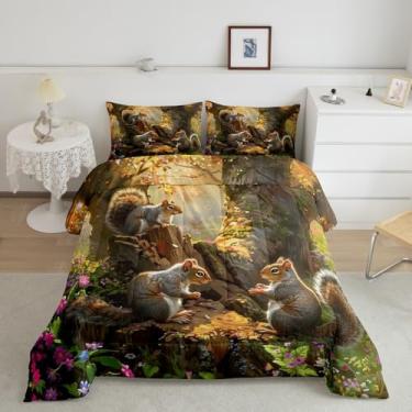 Imagem de Castle Fairy Jogo de cama Queen com estampa de esquilo 3D, paisagem natural da selva, animais selvagens, todas as estações, conjunto de edredom com tema de primavera, 3 peças