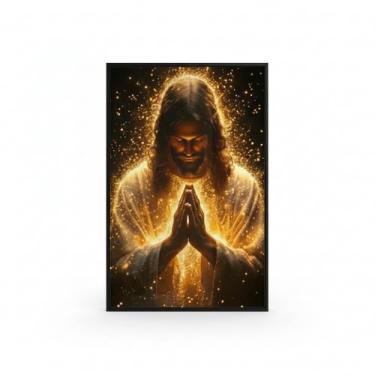 Imagem de Quadro Decorativo Religioso A Luz da Oração Divina, Jesus em Oração com Halo Dourado, 110x80cm, Arte Sacra para Sala e Quarto