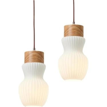 Imagem de Luminária pendente de madeira para interiores, mini lustre de teto para cozinha, ilha, 15 cm (5,9"), com cúpula de vidro branco, ideal para sala de estar, quarto, bar, sala de jantar ou sobr