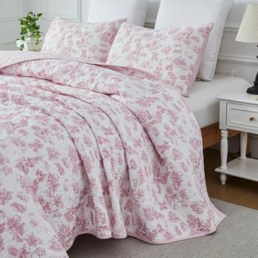 Imagem de Brandream Conjunto de colcha de algodão rosa Toile – Conjunto de colcha de 3 peças para todas as estações com fronhas combinando, tamanho casal, macio, respirável, conjunto de colcha de algodão