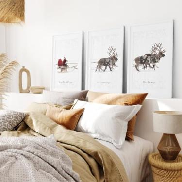 Imagem de Pôster de Papai Noel com trenó, 3 peças, ilustrações emolduradas para Natal, casa, quarto, com moldura interna
