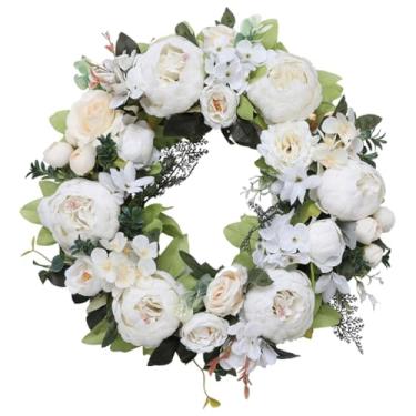 Imagem de oshhni Guirlanda de peônias artificiais, ideal para decoração de portas de entrada, festas ao ar livre, arranjos florais para quartos, varandas e, Branco