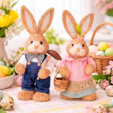 Imagem de Casal Coelho Coelhinho Decoração Enfeite Páscoa Palha 45cm