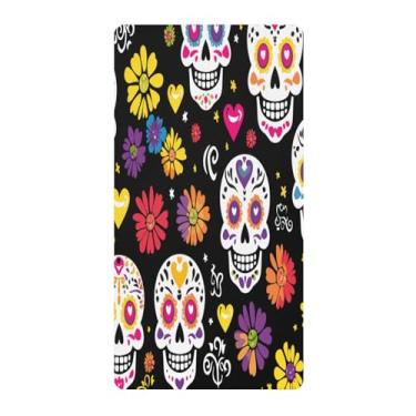 Imagem de Blueangle Lençol de berço padrão para berço infantil - Lençóis de algodão macio e respirável com flor de caveira de açúcar (696)