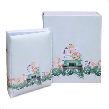 Imagem de Estojo e Álbum 120 fotos 10x15 SAFARI JIPE Bebê Infantil Newborn Leão Animais Selva