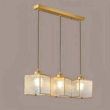 Imagem de Lustre pendente quadrado de vidro com 3 lâmpadas, estilo chinês, para interiores, ideal para sala de jantar. Lustre de luxo em cobre para ilha de cozinha, quarto e escritório.