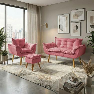Imagem de Kit Namoradeira Poltrona e Puff Decorativo Para Sala Recepção Manicure Consultório Alice Tecido Suede