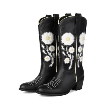 Imagem de LGQ Botas femininas de caubói florais, lindas botas de cano médio, flor cowgirl western country, bico fino, sapatos de salto grosso para mulheres., Preto, 42