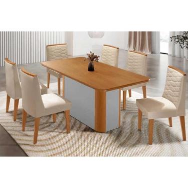 Imagem de Conjunto: Mesa Sala Jantar Pietá c/ Tampo Madeirado Canto Curvo 180x90cm e 6 Cadeiras Maldivas Naturale/Off White - Suede Creme - Rufato