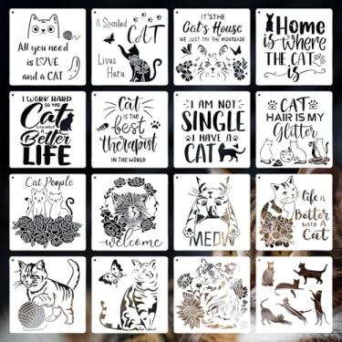 Imagem de Estêncis com tema de gato para pintura, 16 peças, citação de plástico de 20 cm, estênceis de gatinho para artesanato, reutilizáveis, modelos de desenho para pintura em tela de parede de madeira, metal