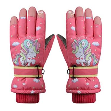 Imagem de Luvas de inverno para meninos, fofas, unicórnio, meninas, impermeáveis, quentes, forradas com lã, luvas térmicas para esqui na neve, Rosa vermelha (idade 5-10 anos), tamanho �nico