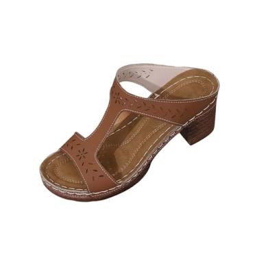 Imagem de Sandálias femininas vazadas com bico redondo e salto grosso para uso casual e confortável, Marrom, 35