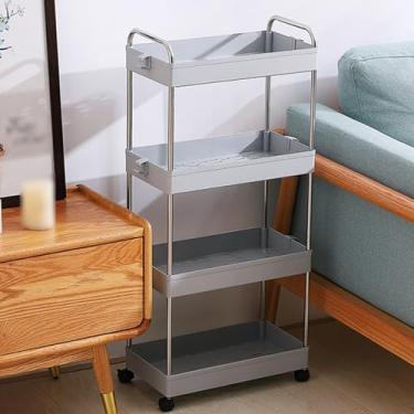 Imagem de Carrinho organizador de carrinho de armazenamento de banheiro de 4 níveis, carrinho utilitário deslizante fino com alça e rodas traváveis, prateleira de carrinho de armazenamento fácil de montar