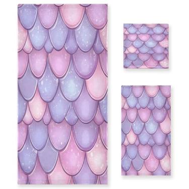 Imagem de xigua Lindo conjunto de toalhas de banheiro em escala de sereia absorvente macio 3 peças toalha de banho toalha de mão toalhas decorativas para banheiro, academia, hotel, praia, piscina