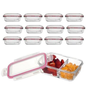Imagem de Kit 12 Potes de Vidro com Divisória Marmita Fit 4 Travas 930ml - CLICK