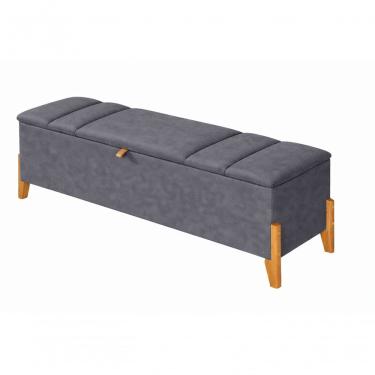 Imagem de Recamier Calçadeira Baú Para Quarto Pés Em Madeira Luxo Decorativo Estofado Casal 140cm Cinza Lar Móveis E Decoração