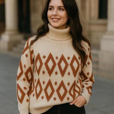 Imagem de Blusa Feminina Tricot Manga Longa Gola Alta Estampa Geométrica - Vitri