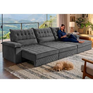 Imagem de Sofá Retrátil E Reclinável 3,60m Com Molas E Espuma D33 Thunder. Velusoft Cama Inbox Cinza