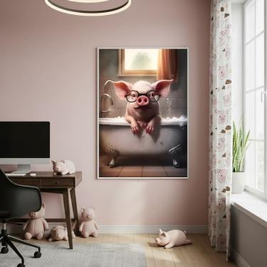 Imagem de Quadro Decor Porco Com Óculos No Banho 70x50cm Mold Branca