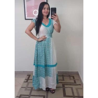 Imagem de Vestido Longo Feminino - Branco com Azul, Tam G - BELMODAS