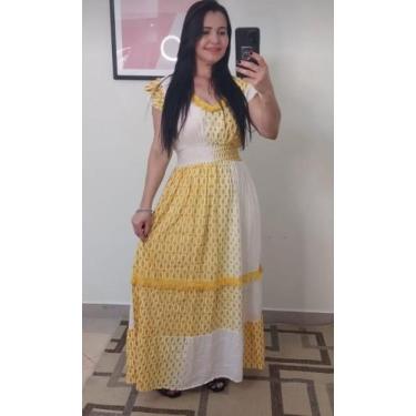 Imagem de Vestido Longo Feminino Branco com Amarelo - Tam G - BELMODAS