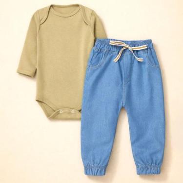 Imagem de Conjunto Bebê Body Longo e Calça Jogger Jeans para Passeio Cor:CaquiTa