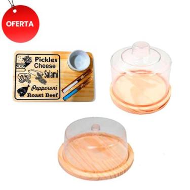 Imagem de OFERTA KIT 3pçs Boleira, Queijeira, de Madeira NATURAL tampa Acrílico 