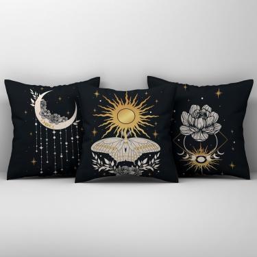 Imagem de Kit Trio De Almofadas Cheias Fases Da Lua Estampadas Em Veludo Suede 45cm X 45cm Enchimento Em Refil Silicone Cor Preto