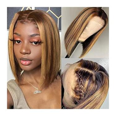 Imagem de Perucas femininas brasileiras 33 x 1 com destaque, perucas curtas Bob 20 a 40 cm, marrom mel, transparente, parte T, lace frontal, perucas de cabelo humano para mulheres, perucas de cabelo humano