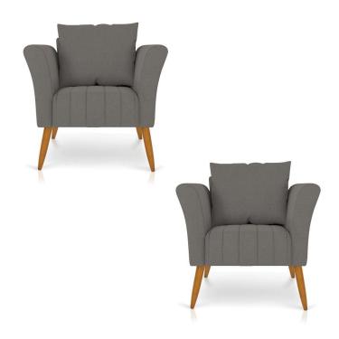 Imagem de Kit 02 Poltronas Marilia Linho Grafite A26 Pés Palito Castanho - D`Rossi