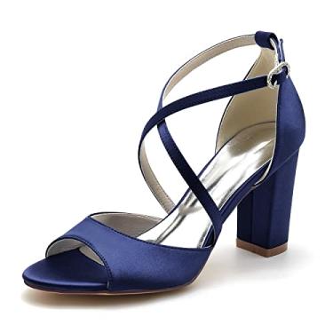 Imagem de Sapatos de noiva de cetim femininos Chunky Peep Toe Sapatos de salto alto marfim Sapatos sociais 36-43,Dark blue,8 UK/41 EU