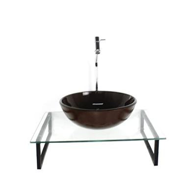 Imagem de KIT CUBA DE VIDRO REDONDA 10MM MARROM TAMPO 50CM INCOLOR COM SUPORTE TORNEIRA VALVULA