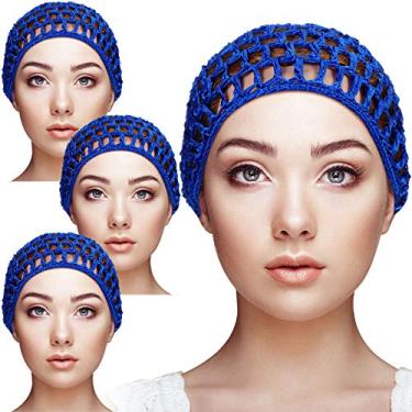 Imagem de Geyoga 4 peças malha crochê rede de cabelo raiom malha snood chapéu grosso curto feminino hairnet Snoods capa ornamento para dormir, Azul, M