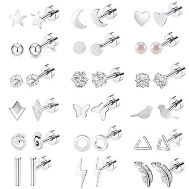 Imagem de MJust 18 pares de brincos femininos hipoalergênicos com costas planas, conjuntos de brincos de aço inoxidável de 20 g para homens, minúsculos brincos unissex de cartilagem com parafuso nas costas., 18