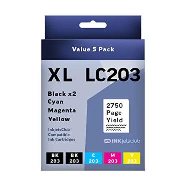 Imagem de Cartucho de tinta de alto rendimento Brother LC203 InkjetsClub para substituição de cartucho de tinta pacote com 5 unidades. Inclui 2 cartuchos de tinta preta, 1 ciano, 1 magenta e 1 amarelo compatíveis