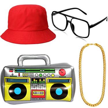 Imagem de meekoo Kit de fantasia de hip hop chapéu óculos de sol corrente de ouro dos anos 80/90 acessórios para festa temática cosplay (vermelho)